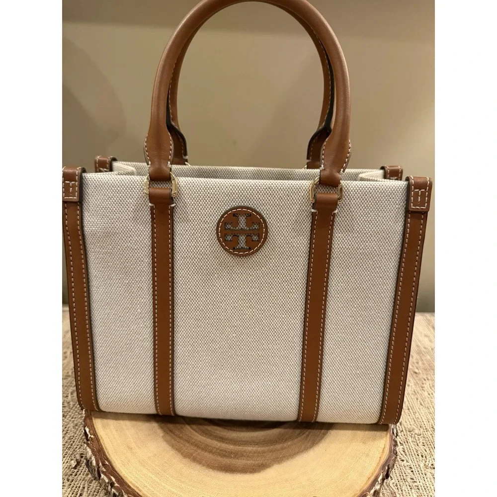 Tory Burch Blake Canvas Classic  Cuoio Small Tote Natural & Tan Style 145356 New